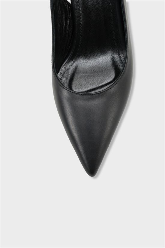 Capone Steffi Genuine Leather Pointed Toe Mid Heel Side Buckle Open Back Women Black Shoe image 4