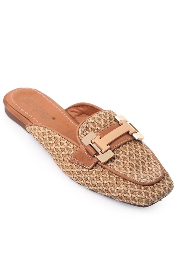 Capone Straw Buckle Genuine Leather Women Tan Short Heeled Closed Women Tan Sandals