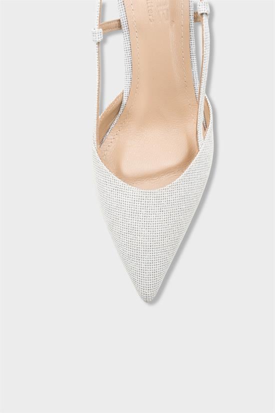 Capone Susie Genuine Leather Lined Pointed Toe Mid Heel Glitter Open Back Women Silver Shoe image 4