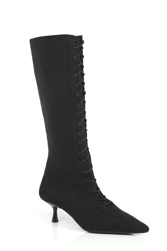 Capone Suzanne Suede Look Pointed Toe Lace-Up Mid Heel Elegant Women Sued Black Boot