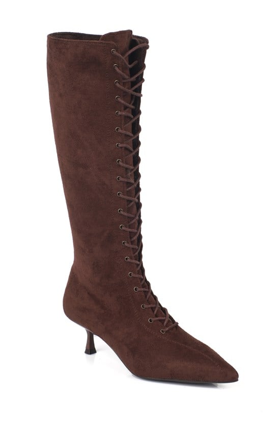 Capone Suzanne Suede Look Pointed Toe Lace-Up Mid Heel Elegant Women Sued Brown Boot