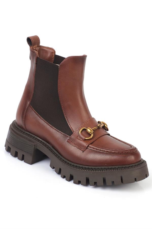 Capone Track Sole Elastic Metal Accessorized Women Tan Ankle Boots