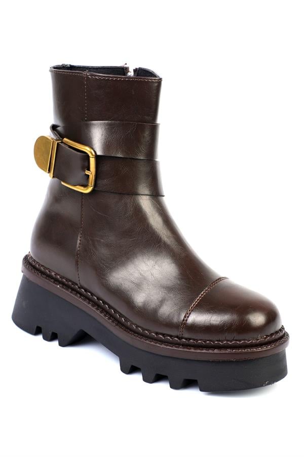 Capone Track Sole Metal Buckled Side-Zippered Women Brown Long Boots