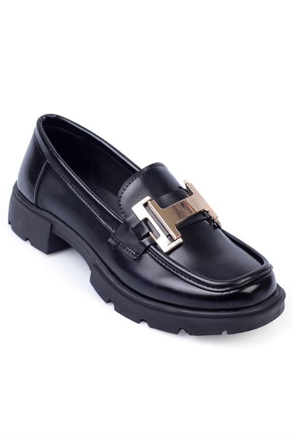 Capone Track Sole Metal Buckled Women Black Loafers