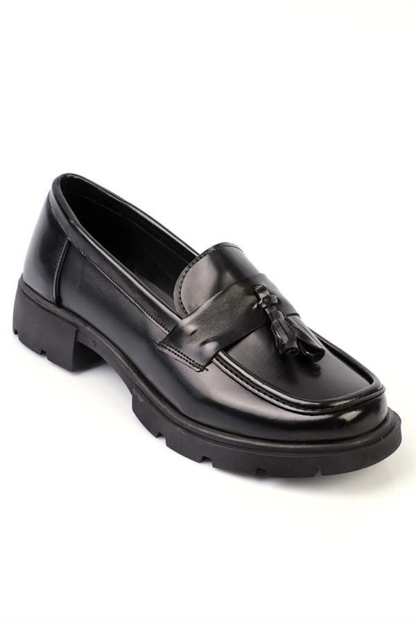 Capone Track Sole Tassel Women Patent Black Loafers