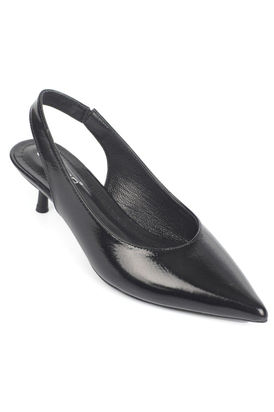 Capone Tressa Genuine Leather Pointed Toe Open Back Mid Heel Women Black Shoe