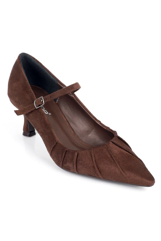 Capone Valery Suede Look Ruched Pointed Toe Women Sued Brown Mary Jane Shoes