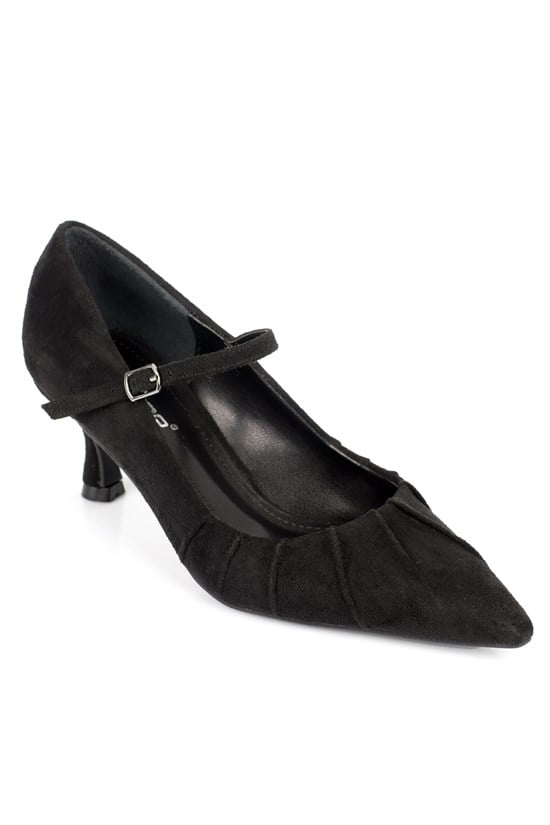 Capone Valery Suede Look Ruched Pointed Toe Women Sued Black Mary Jane Shoes