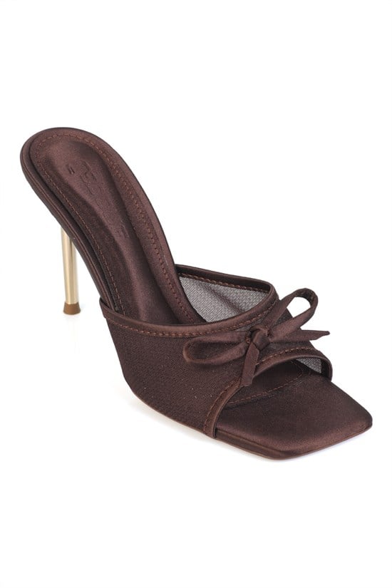 Capone Veronike High Metal Heel Mesh Bow Detail Elegant Women Satin Brown Sandal