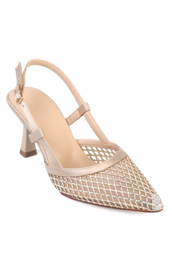 Capone Viv Pointed Toe Mesh Crystal Embellished Mid Heel Elegant Women Gold Shoe