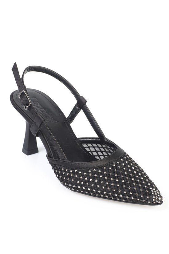 Capone Viv Pointed Toe Mesh Crystal Embellished Mid Heel Elegant Women Satin Black Shoe