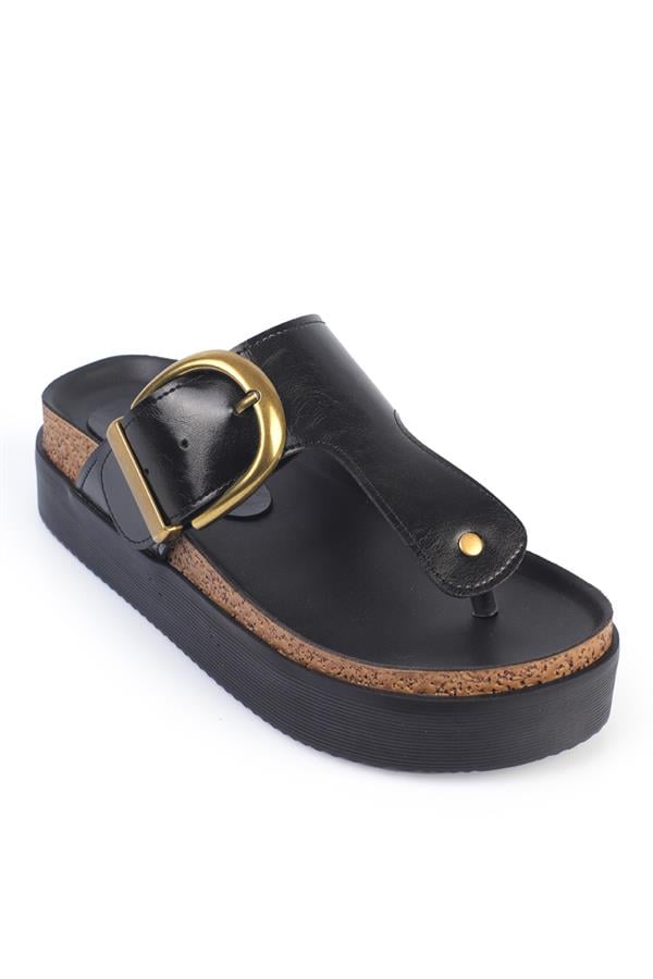 Capone Wedge Heel Thong Single Buckled Women Black Comfort Sandals