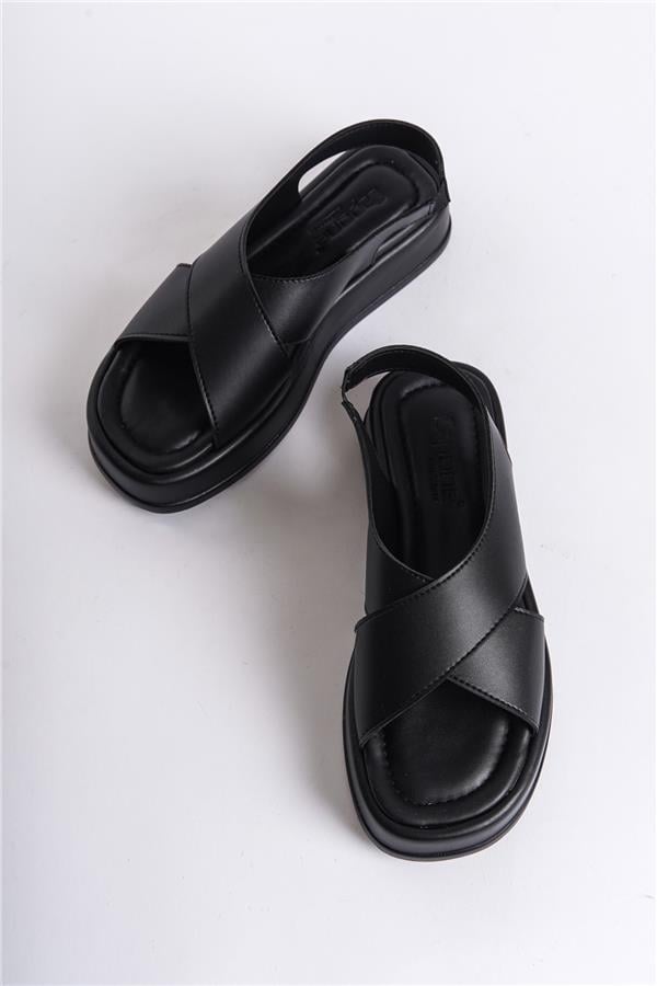 Capone Dena Wedge Heeled Cross Strap Women Black Sandals image 4