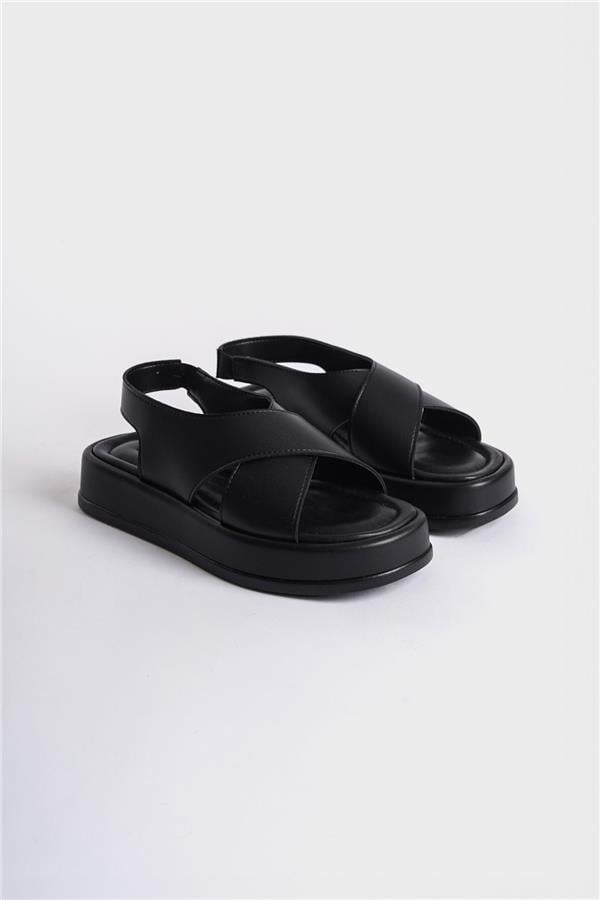 Capone Dena Wedge Heeled Cross Strap Women Black Sandals image 1