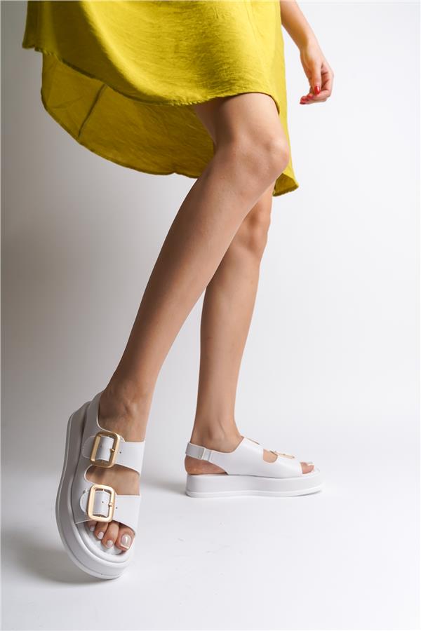 Capone Wedge Heeled Double Strap Buckle Women White Sandals image 5