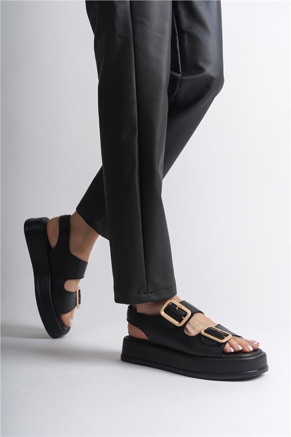 Capone Wedge Heeled Double Strap Buckle Women Black Sandals image 2