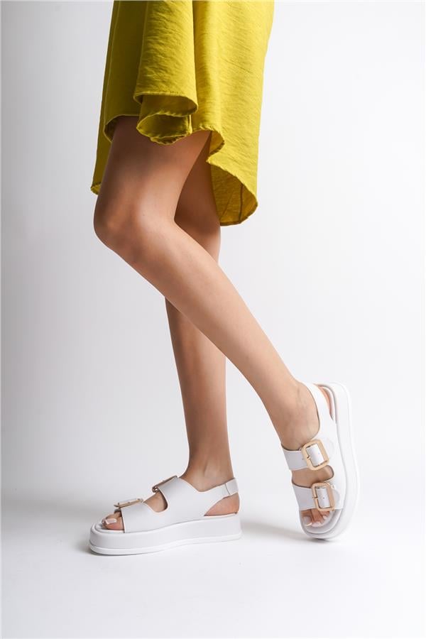 Capone Wedge Heeled Double Strap Buckle Women White Sandals image 6