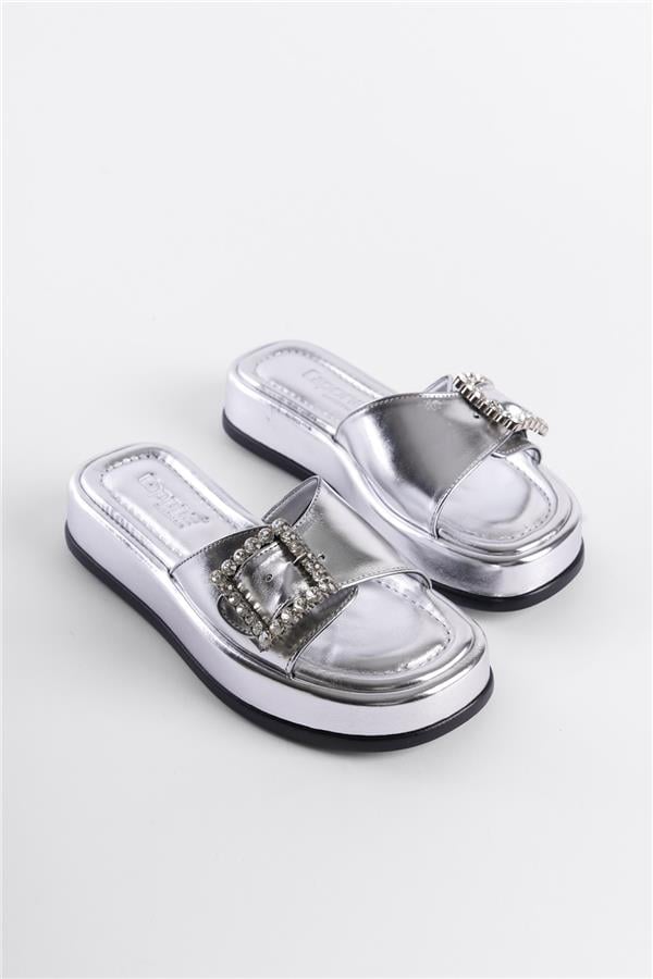 Capone Wedge Heeled Single Banded Crystal Embellished Buckle Metallic Women Metallic Silver Sandals image 2