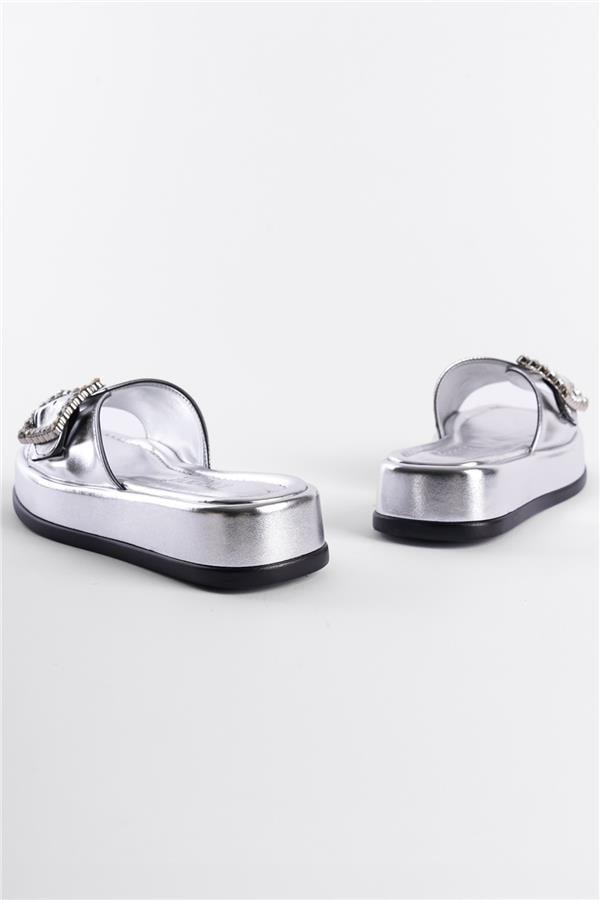 Capone Wedge Heeled Single Banded Crystal Embellished Buckle Metallic Women Metallic Silver Sandals image 3