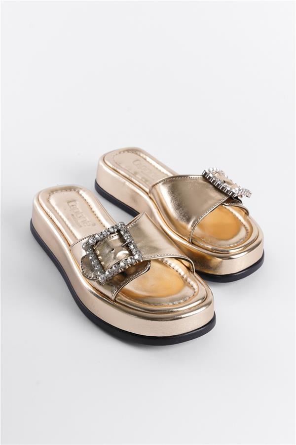 Capone Wedge Heeled Single Banded Crystal Embellished Buckle Metallic Women Metallic Gold Sandals image 2