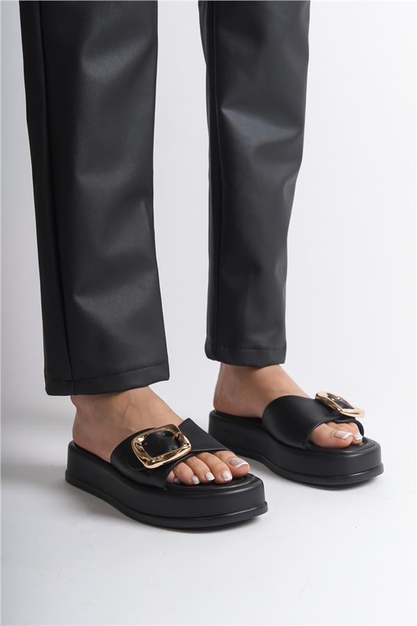 Capone Wedge Heeled Single Strap Buckle Women Black Sandals image 2