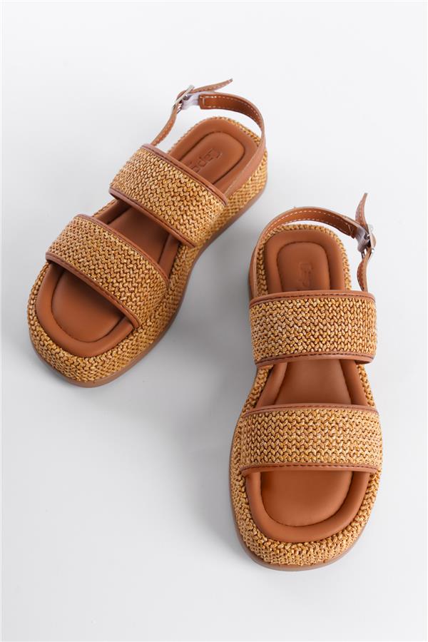 Capone Wedge Heeled Wicker Double Strap Women Tan Sandals image 6