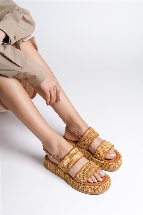 Capone Wedge Heeled Wicker Double Strap Women Tan Sandals image 1