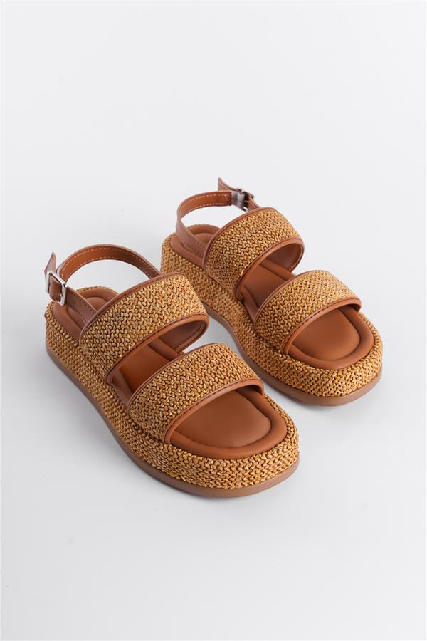 Capone Wedge Heeled Wicker Double Strap Women Tan Sandals image 4