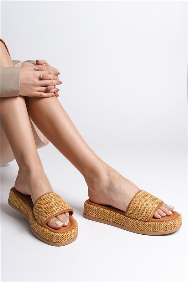 Capone Wedge Heeled Wicker Single Strap Women Tan Sandals image 1