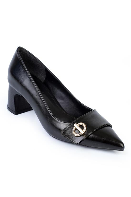 Capone Wooden Mid-Heeled Metal Buckled Pointed Toe Women Black Shoes