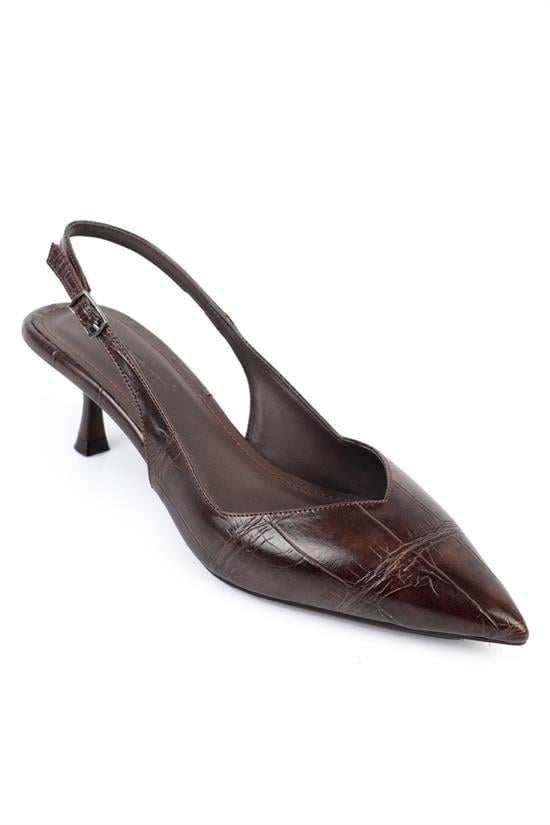 Capone Yoko  Croc Effect Pointed Toe Slingback Mid Heel Women Brown Shoe