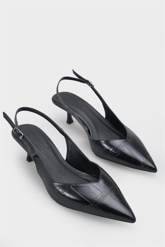 Capone Yoko  Croc Effect Pointed Toe Slingback Mid Heel Women Black Shoe image 2