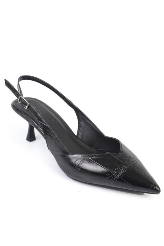 Capone Yoko  Croc Effect Pointed Toe Slingback Mid Heel Women Black Shoe