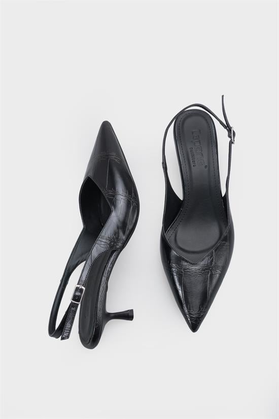 Capone Yoko  Croc Effect Pointed Toe Slingback Mid Heel Women Black Shoe image 6