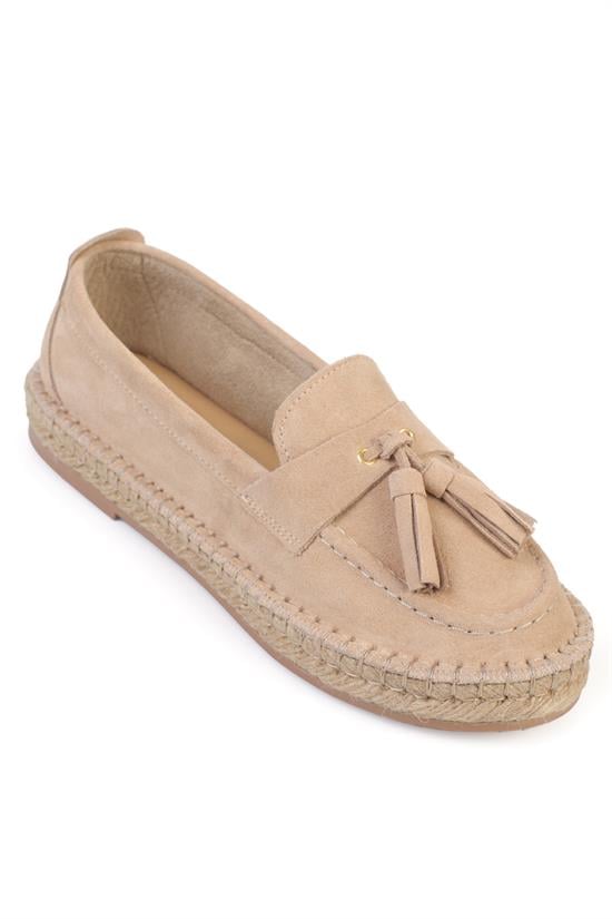 Capone Yoko Genuine Leather Suede Espadrille Sole Tassel Women Beige Loafer