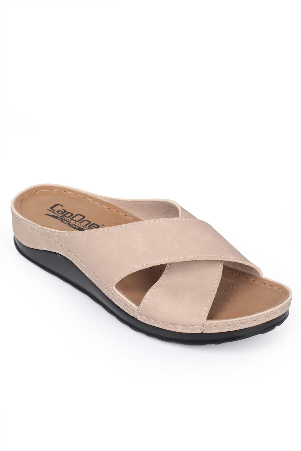 Capone 107001 Women Beige Cross Band Slide Comfort Anatomical Sandals