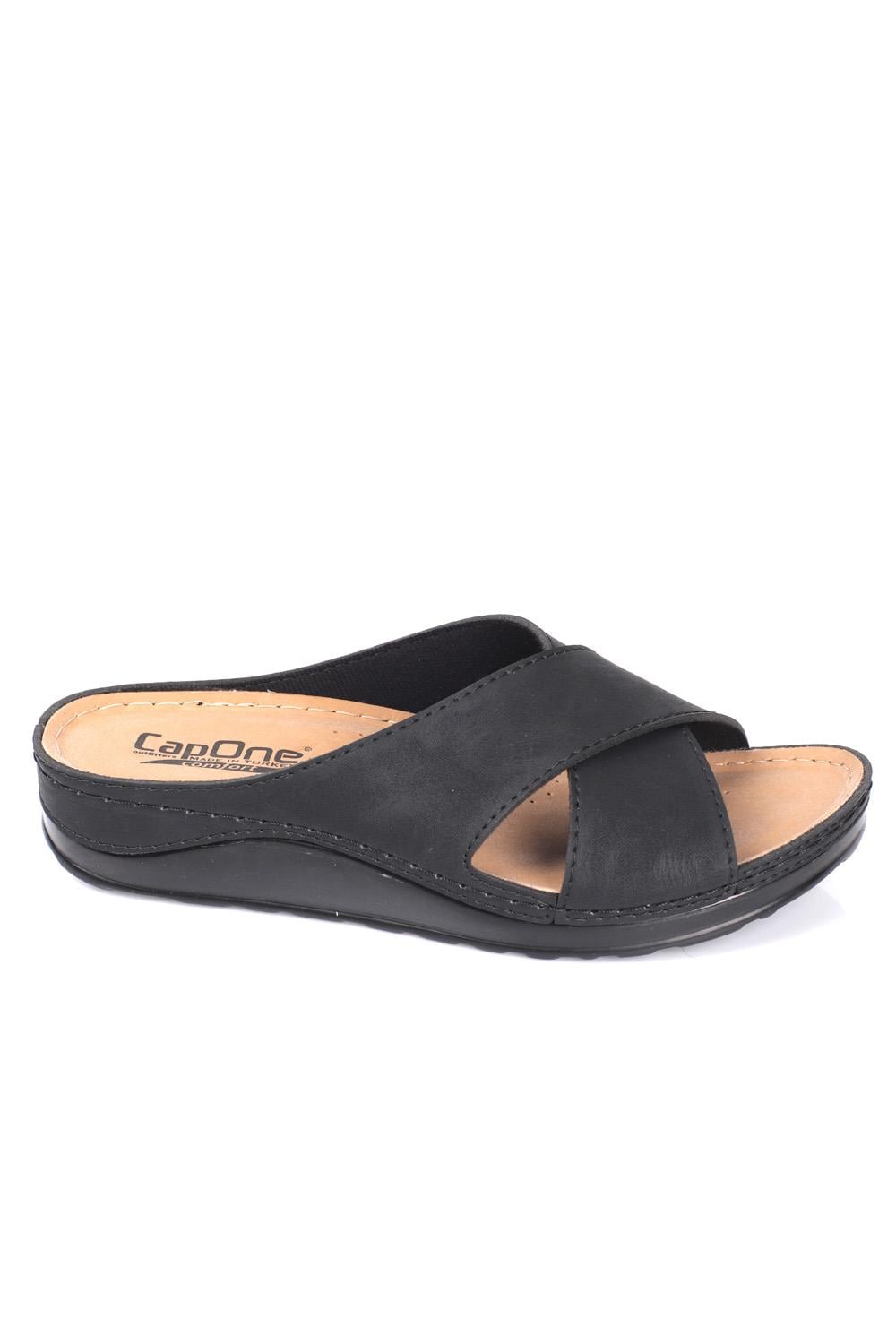 Capone 107001 Women Black Cross Band Slide Comfort Anatomical Sandals