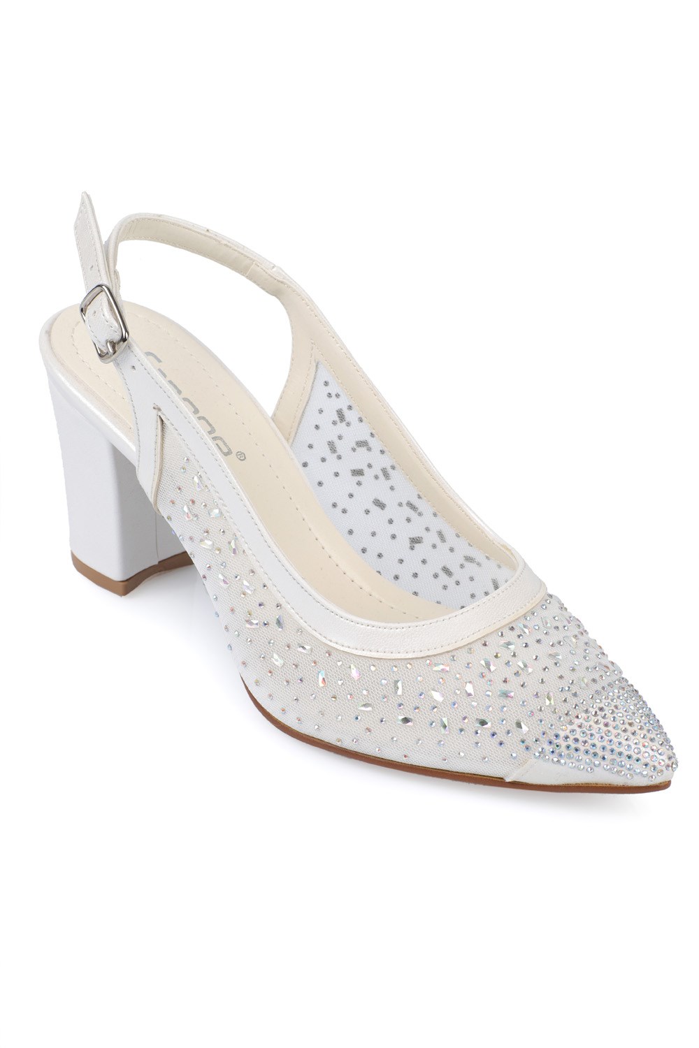 Capone 145 Block Heel Cristal Embellished Slingback Women White Shoes