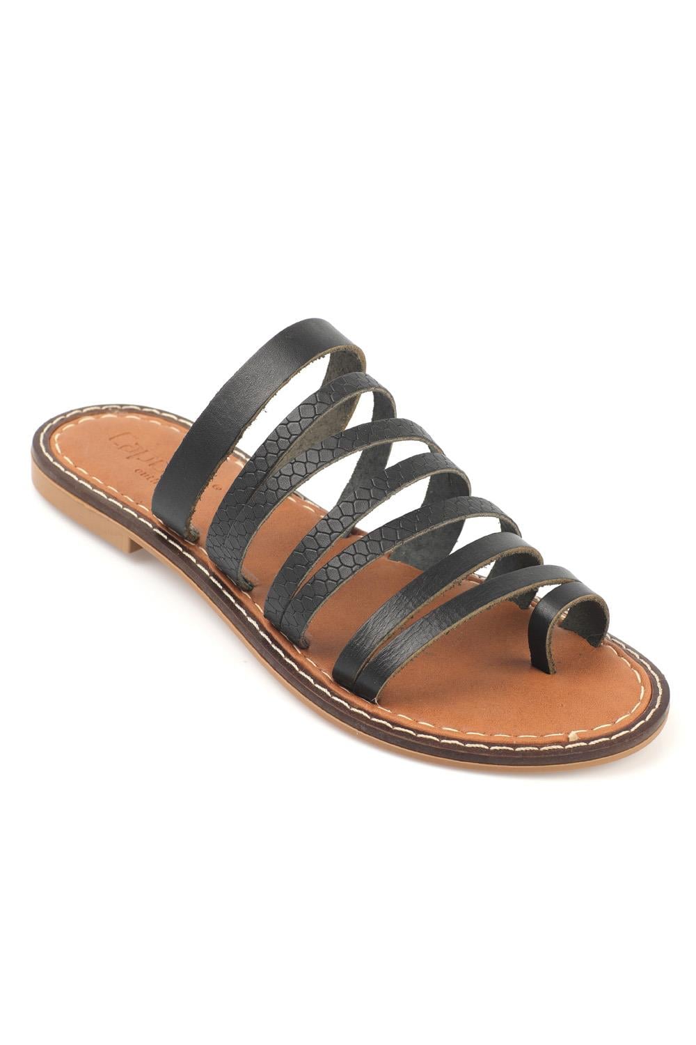 Capone 5555 Genuine Leather Toe Thong Women Black Sandals
