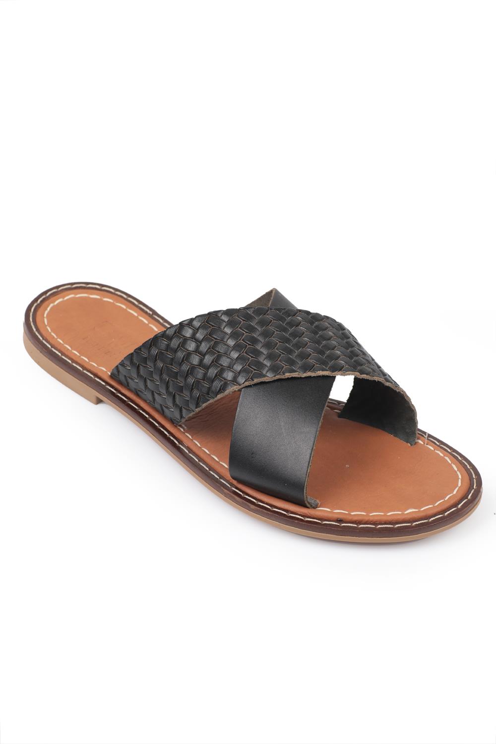 Capone 881 Genuine Leather Cross Band Women Black Sandals