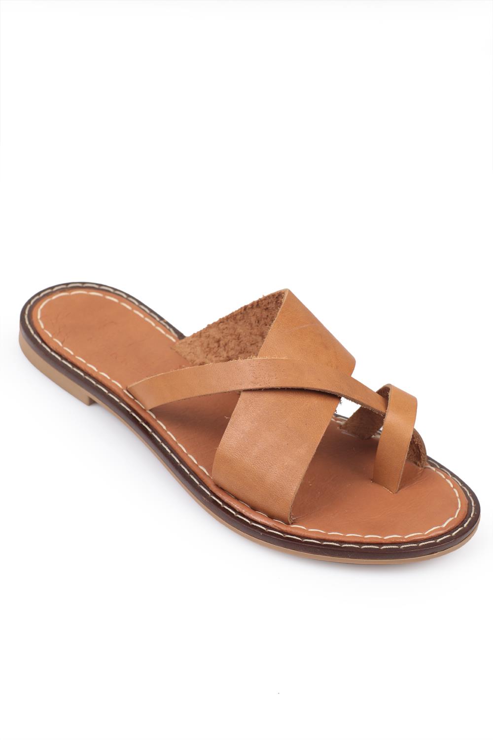 Capone 888 Genuine Leather Cross Band Toe Thong Women Tan Sandals