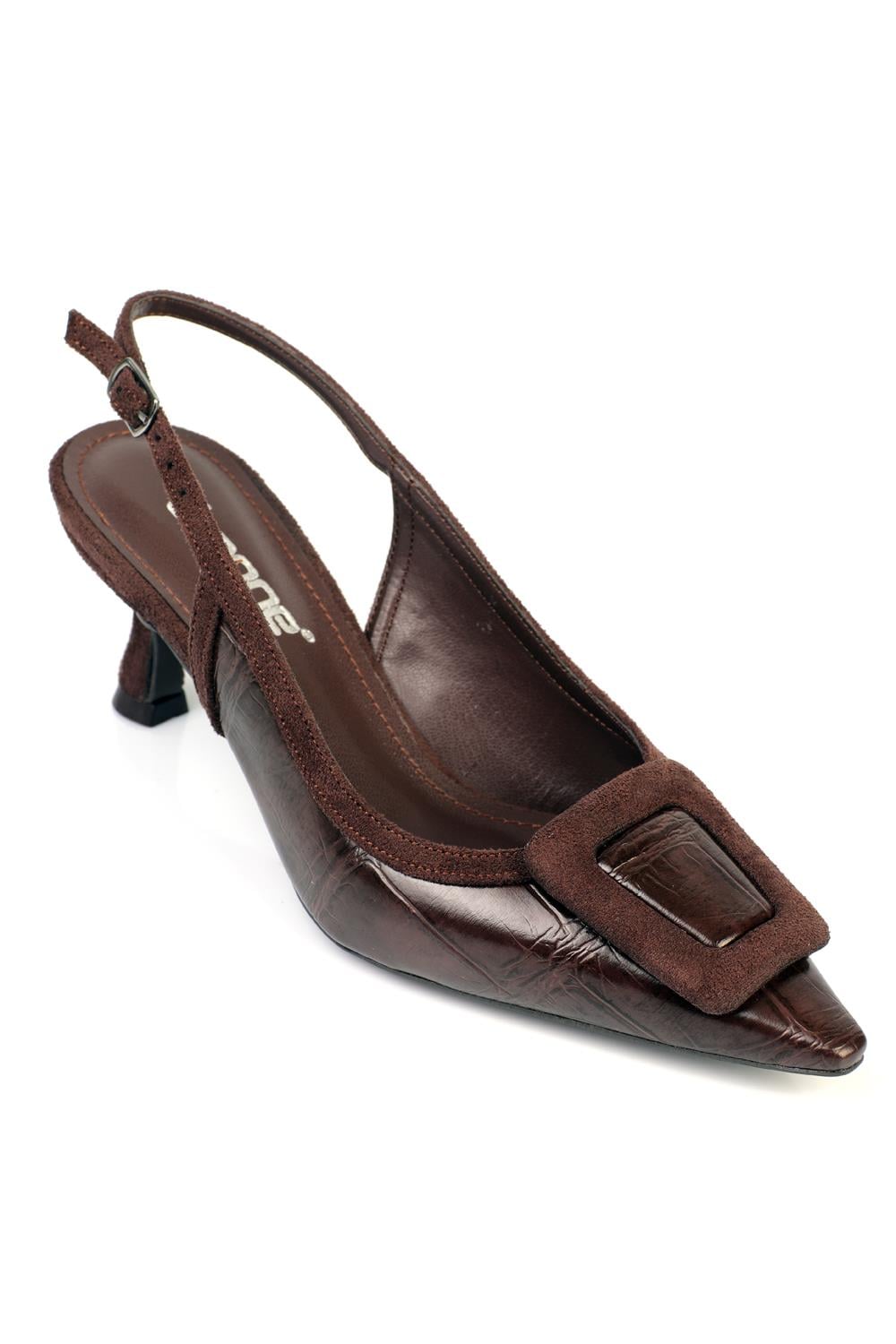 Capone Angelina Pointed Toe Croc Effect Open Back Mid Heel Women Brown Shoe
