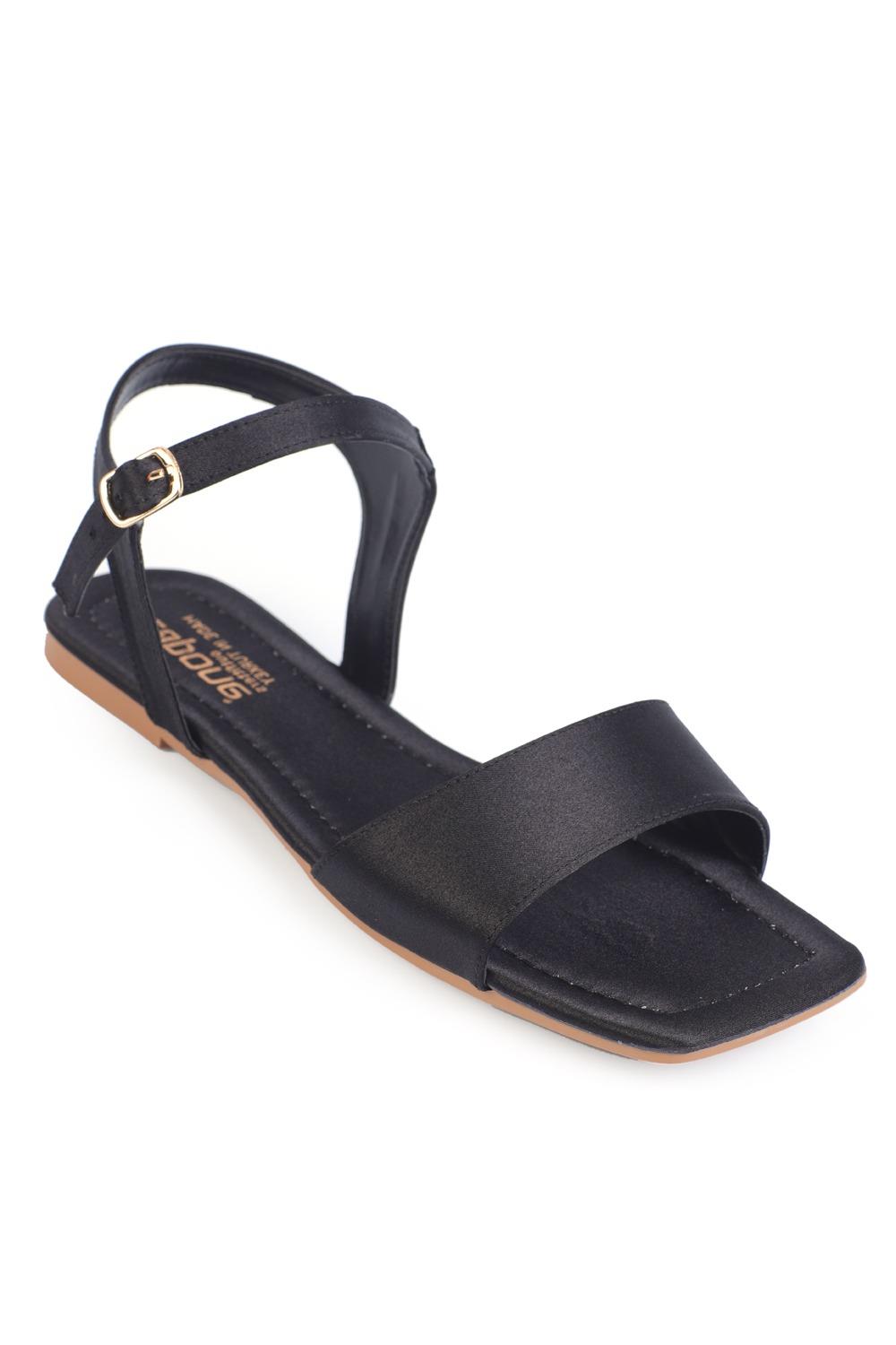 Capone Ankle Strap Blunt Toe Flat Heel Satin Women Satin Black Sandals