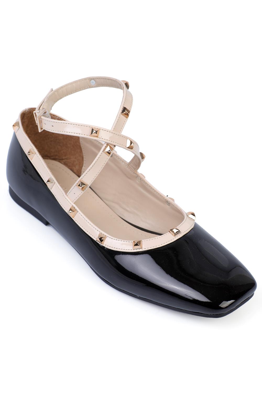 Capone Ankle Strap Spiked Women Patent Beige Ballerinas