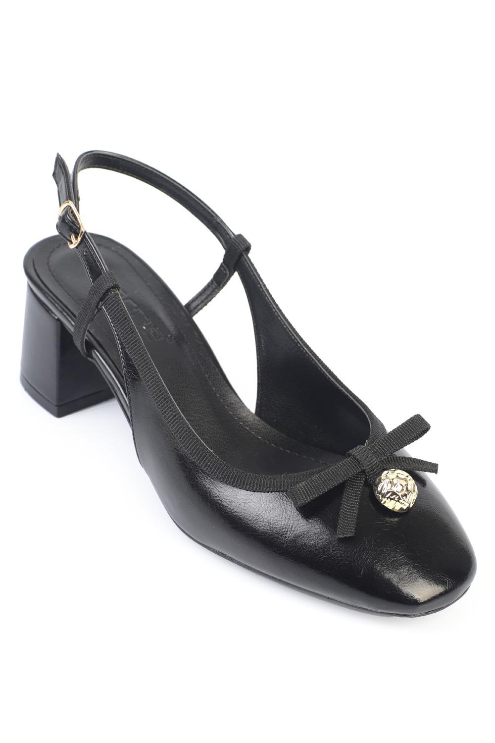 Capone Arielle Round Toe Ankle Strap Mid Heel Bow Detail Women Black Shoe