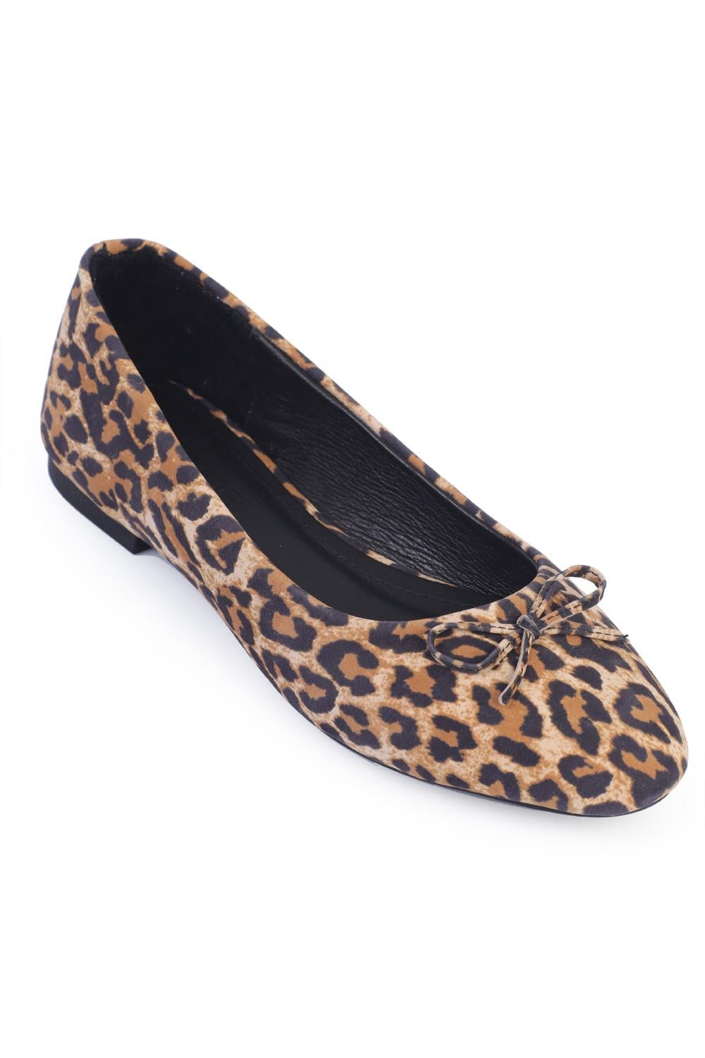 Capone Bloom Genuine Leather Bow Detail Round Toe Women Leopard Ballerinas