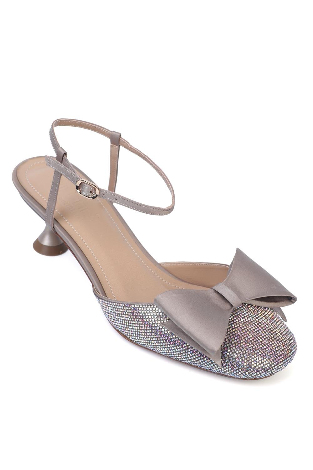 Capone Blunt Crystal Embellished Toe Bow Satin Ankle Strap Medium Heeled Women Mink Stylish Shoes