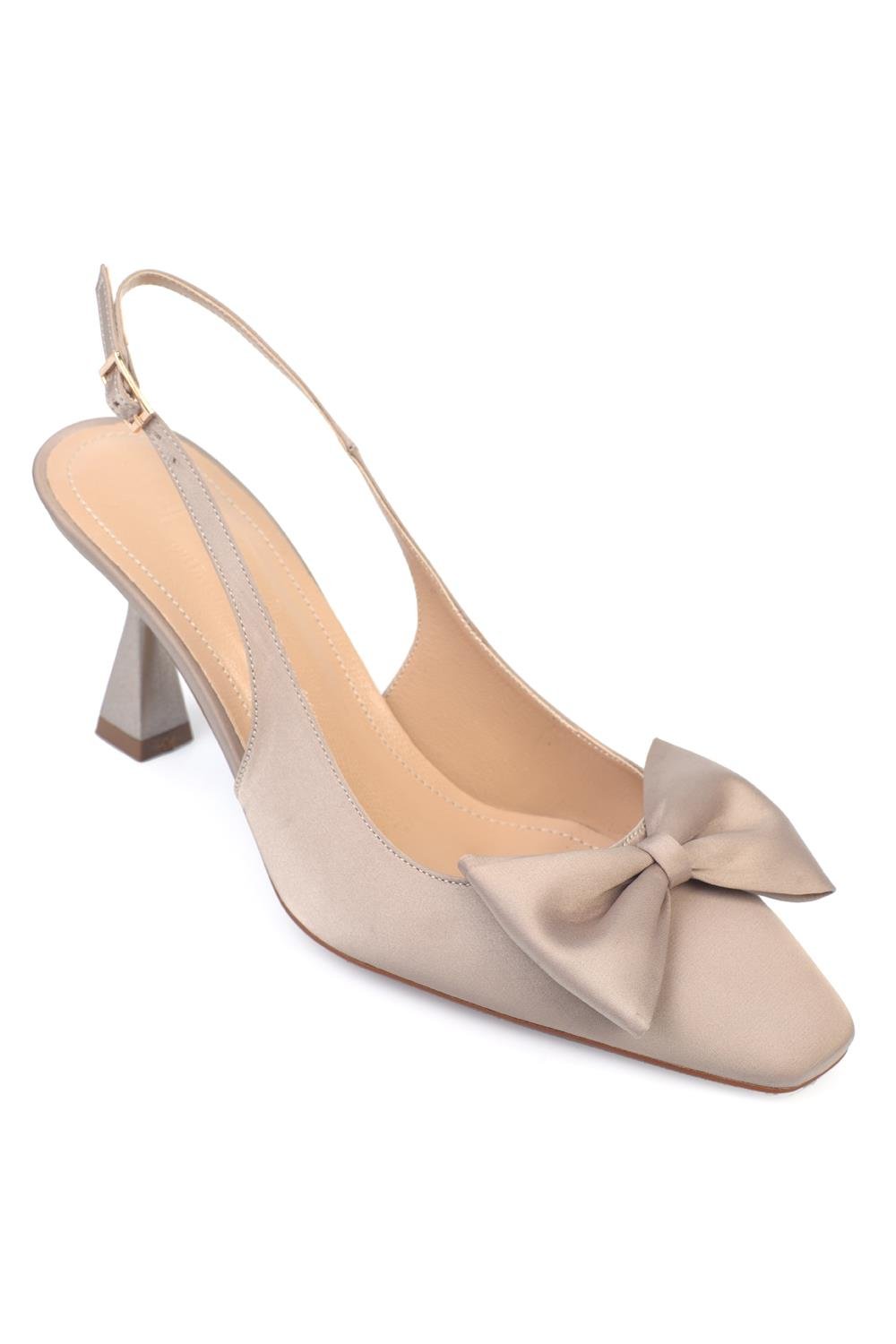 Capone Blunt Pointed Toe Bow Open Back Satin Women Mink Shoes