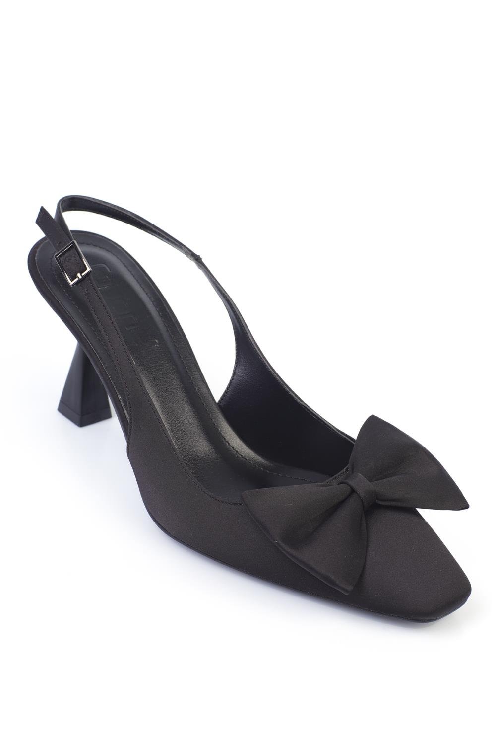 Capone Blunt Pointed Toe Bow Open Back Satin Women Satin Black Shoes