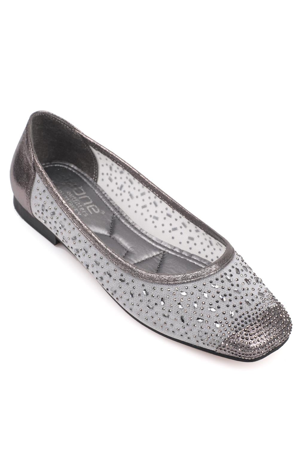 Capone Blunt Toe Cristal Embellished Lace Women Platinum Ballet Flats